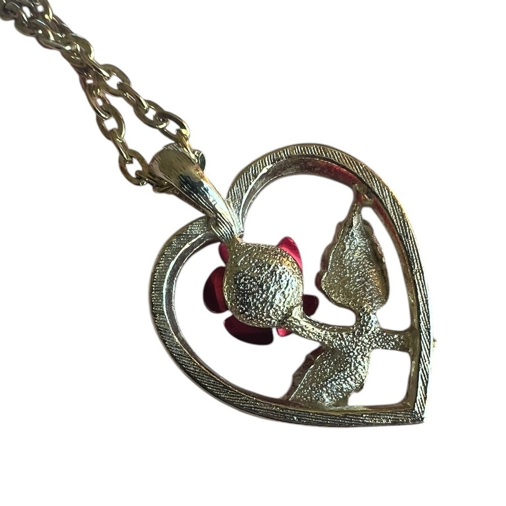 Vintage Gold Heart & Rose Pendant Necklace Romantic Whimsy - Picture 4 of 7
